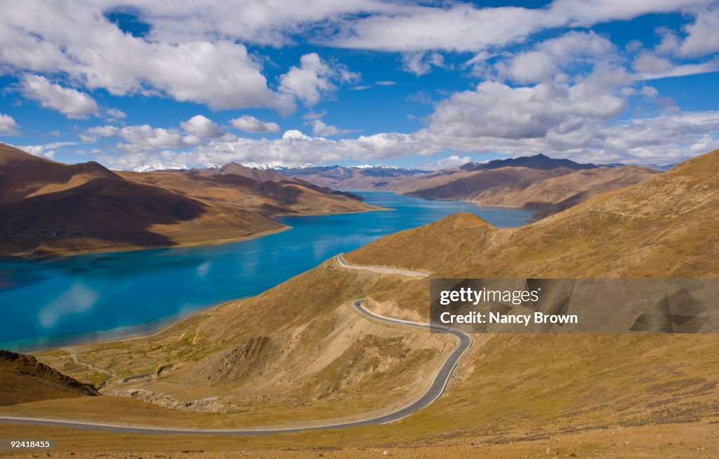 Lake Namtso in mountains in Tibet.