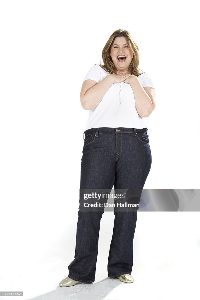 Overweight woman showing surprise