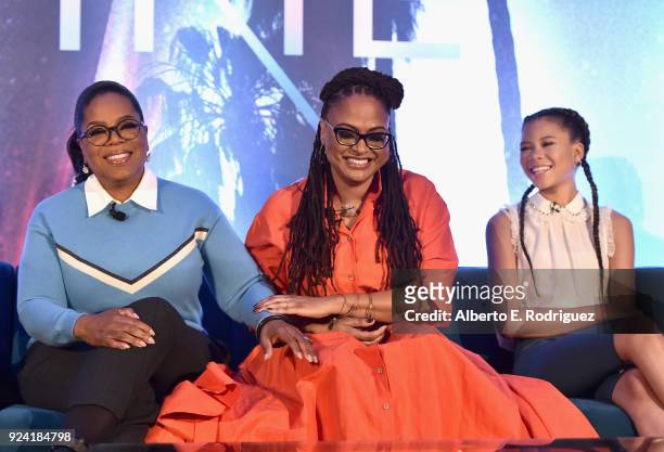 Actor Oprah Winfrey, Director Ava DuVernay and Actor Storm Reid participate in the press conference for Disneys 'A Wrinkle in Time' in Hollywood, CA...