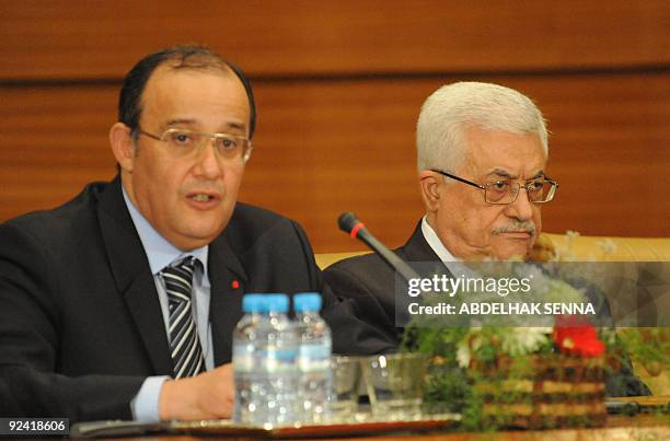 Moroccan Foreign Minister Taib Fassi Fihri and Palestinian President Mahmud Abbas attend on October 28, 2009 the opening of the Jerusalem...