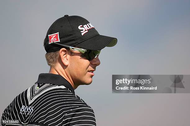 Henrik Stenson of Sweden looks on during the Pro-Am round prior to the Volvo World Match Play Championship at Finca Cortesin on October 28, 2009 in...
