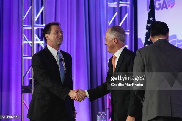 Steve Bullock, Governor of Montana, and Malcolm Turnbull, Prime Minister of Australia, shake hands after their discussion at the National Governors...