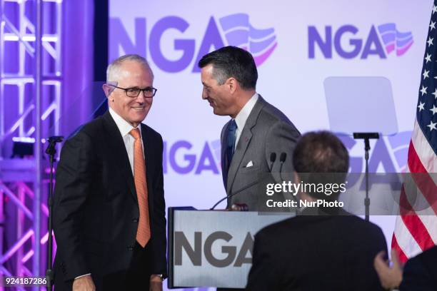 Prime Minister Malcolm Turnbull of Australia makes his way to the stage, after Brian Sandoval, Nevada Governor and National Governors Association...