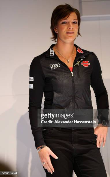 Ski alpine athlete Maria Riesch looks on during a press conference at the German athlete Winter kit preview at the adidas Brand Center on October 28,...