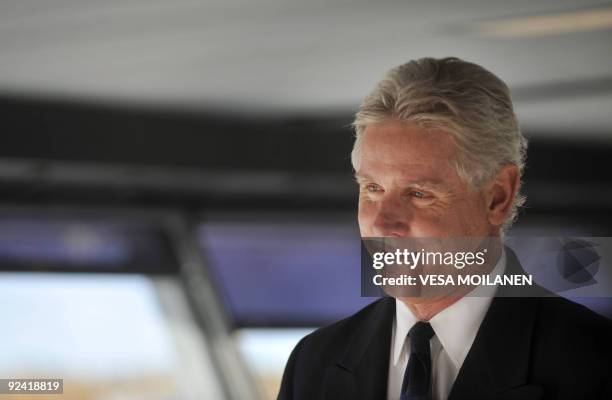 William Graight, the captain of the world's biggest and most expensive cruise ship, Oasis of the Seas, speaks on October 28, 2009 abaord the cruiser...