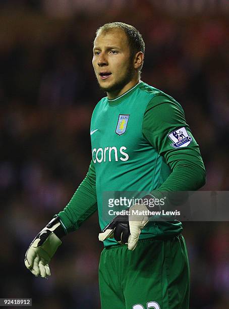 Brad Guzan of Aston Villa looks on during the penalty shoot out during the Carling Cup 4th Round match between Sunderland and Aston Villa at the...