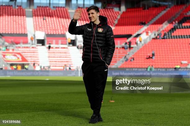 Dominik Kohr of Leverkusen is seen prior to the Bundesliga match between Bayer 04 Leverkusen and FC Schalke 04 at BayArena on February 25, 2018 in...