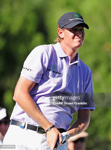 Maarten Lafeber of the Netherlands watches his tee shot during the final round of the Castello Masters Costa Azahar at the Club de Campo del...