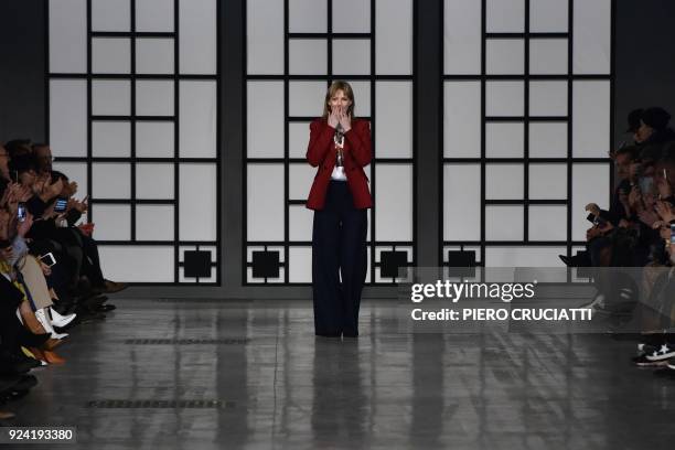 Italian fashion designer Gaia Trussardi acknowledges the audience at the end of her women's Fall/Winter 2018/2019 collection fashion show by...