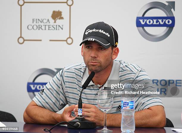 Sergio Garcia of Spain listens to questions at a press conference following the Pro-Am round prior to the Volvo World Match Play Championship at...