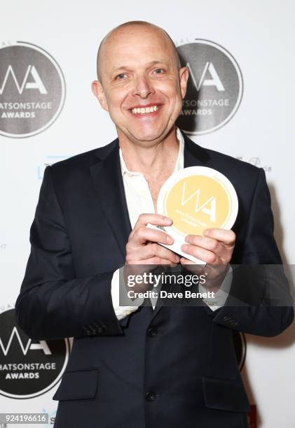 Simon Williams, winner of the Best Show Poster award for "Harry Potter And The Cursed Child", poses in the press room at the 18th Annual WhatsOnStage...