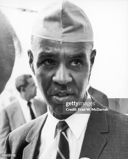 Close-up of American Civil Rights activist Roy Wilkins during the March on Washington for Jobs and Freedom, Washington, DC, August 23, 1963. The...