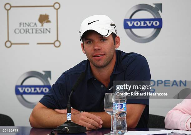 Paul Casey of England listens to questions at a press conference following the Pro-Am round prior to the Volvo World Match Play Championship at Finca...