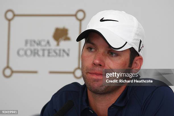 Paul Casey of England listens to questions at a press conference following the Pro-Am round prior to the Volvo World Match Play Championship at Finca...