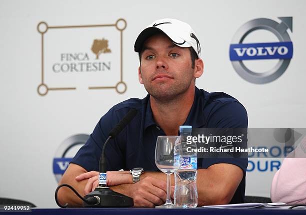 Paul Casey of England listens to questions at a press conference following the Pro-Am round prior to the Volvo World Match Play Championship at Finca...
