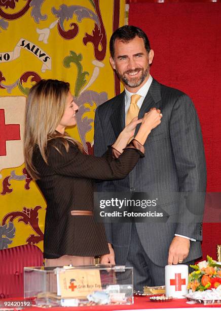 Princess Letizia of Spain and Prince Felipe of Spain attend the Red Cross Fundraising Day event , at the front door of the Foreign Affairs Ministery...