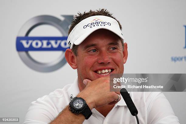 Lee Westwood of England answers questions from the media at a press conference following the Pro-Am round prior to the Volvo World Match Play...