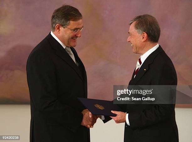 German President Horst Koehler confirms new Minister of Work and Social Issues Franz Josef Jung at Bellevue Palace on October 28, 2009 in Berlin,...