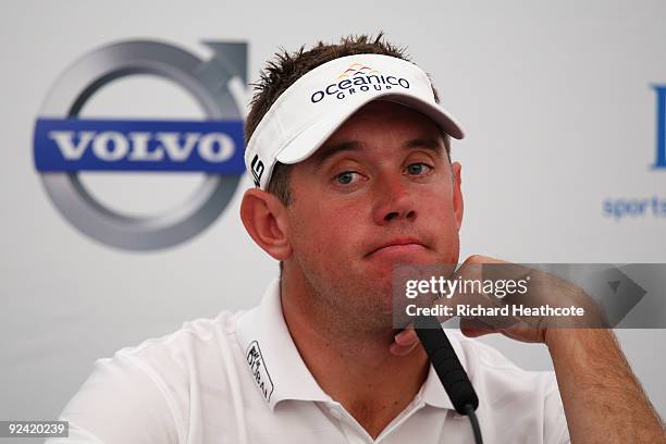 Lee Westwood of England listens to questions from the media at a press conference following the Pro-Am round prior to the Volvo World Match Play...
