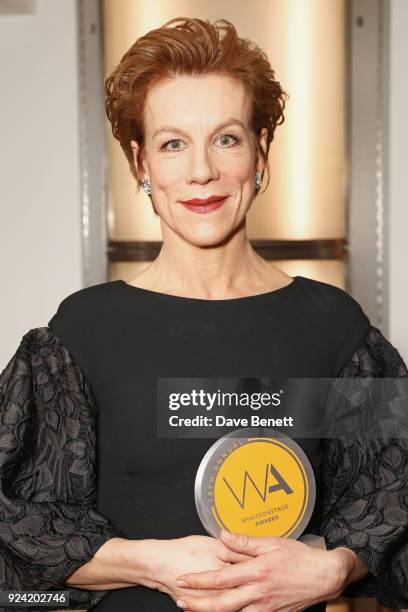 Juliet Stevenson, winner of Best Supporting Actress In A Play for "Hamlet", poses in the press room at the 18th Annual WhatsOnStage Awards at the...