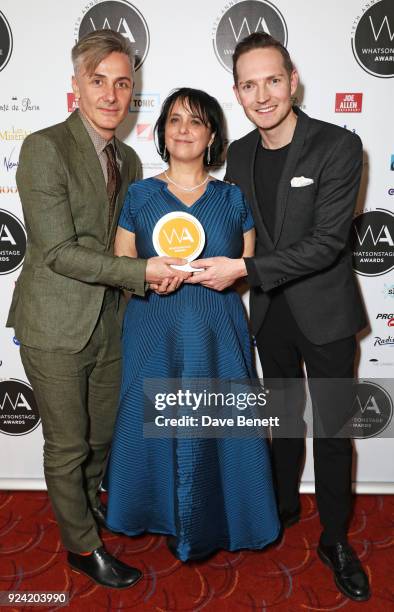 Jonathan Butterell, Nica Burns and Dan Gillespie Sells, accepting the Best New Musical award for "Everybody's Talking About Jamie", poses in the...