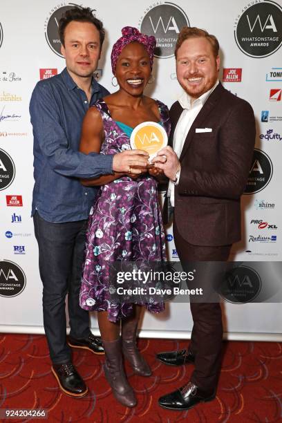 Jamie Glover, Rakie Ayola and Thomas Aldridge, accepting the Best West End Show award for "Harry Potter And The Cursed Child", pose in the press room...