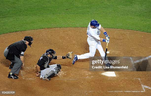 Casey Blake of the Los Angeles Dodgers at bat against the Colorado Rockies at Dodger Stadium on October 2, 2009 in Los Angeles, California.