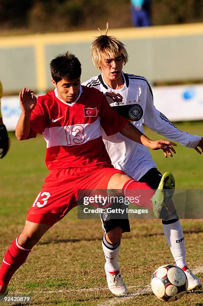 Luca Durholtz of Germany and Serhad Kaya of Turkey fight for the ball during the U17 Euro qualifying match between Germany and Turkey on October 28,...