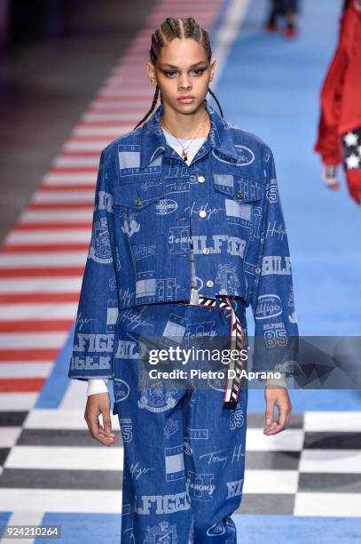 Model Hiandra Martinez walks the runway at the Tommy Hilfiger show during Milan Fashion Week Fall/Winter 2018/19 on February 25, 2018 in Milan, Italy.