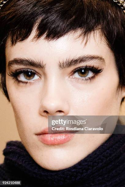 Taja Feistner is seen backstage ahead of the Les Copains show during Milan Fashion Week Fall/Winter 2018/19 on February 22, 2018 in Milan, Italy.