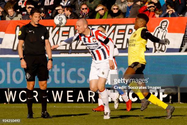 Referee Jeroen Manschot, Elmo Lieftink of Willem II, Tsiy Ndenge of Roda JC during the Dutch Eredivisie match between Willem II v Roda JC at the...