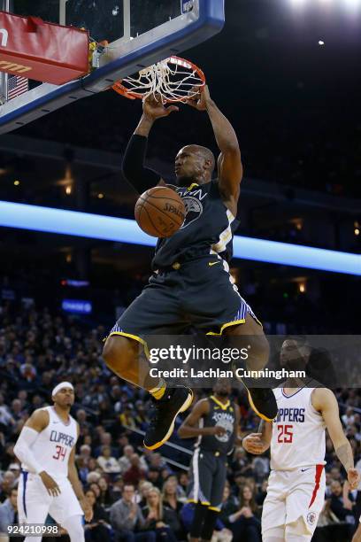 David West of the Golden State Warriors dunks the ball against the Los Angeles Clippers at ORACLE Arena on February 22, 2018 in Oakland, California....