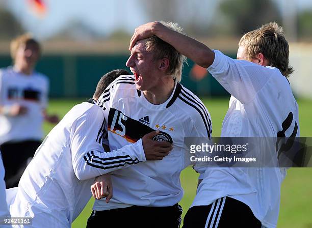 Alexander Hahn of Germany celebrates his goal during the U17 Euro qualifying match between Germany and Turkey on October 28, 2009 in Turnovo,...