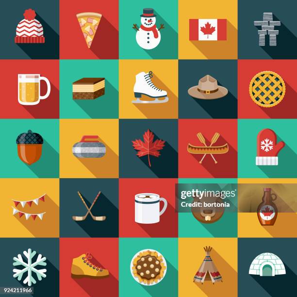 ilustraciones, imágenes clip art, dibujos animados e iconos de stock de conjunto de iconos de canadá de diseño plano con sombra lateral - castor