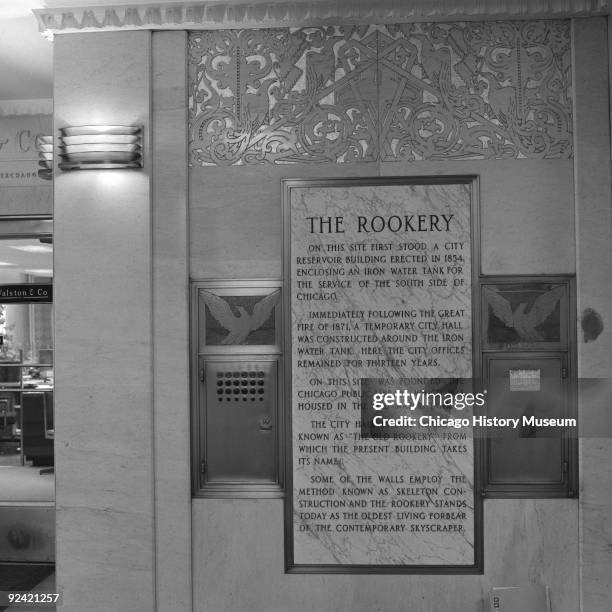 Interior view with lobby details and sign in the Rookery Building lobby, at 209 South LaSalle Street, on the corner of La Salle and Adams streets in...