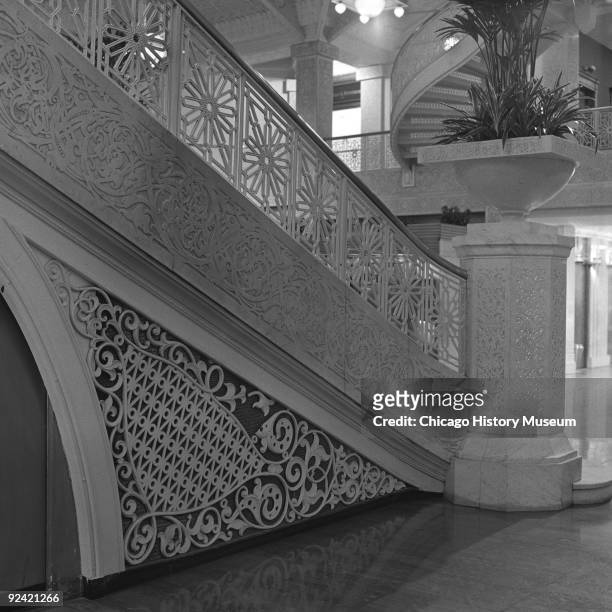 Interior view of the side of the staircase in the Rookery Building lobby, at 209 South LaSalle Street, on the corner of La Salle and Adams streets in...