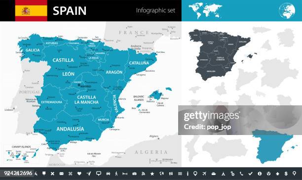 ilustraciones, imágenes clip art, dibujos animados e iconos de stock de mapa de españa - infografía vectorial - valencia spain