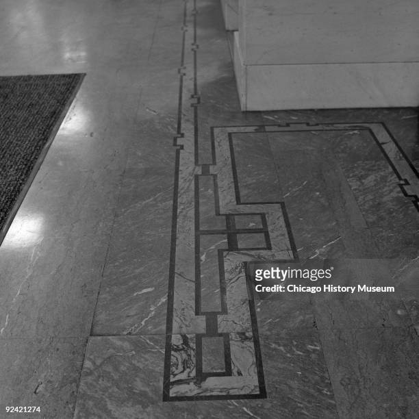 Interior view showing floor details in the Rookery Building lobby, at 209 South LaSalle Street, on the corner of La Salle and Adams streets in the...