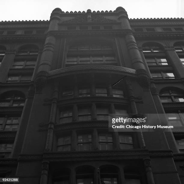Exterior view of the facade of the Rookery Building, at 209 South LaSalle Street, on the corner of La Salle and Adams streets in the Loop community...