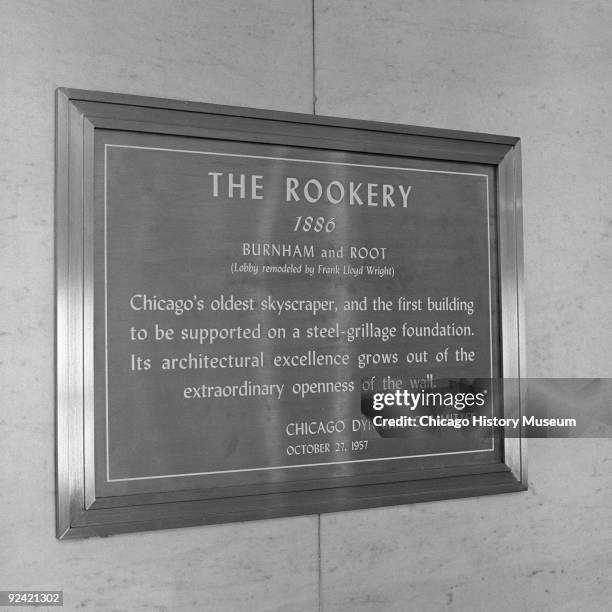 Interior view showing a close-up of a sign in the Rookery Building lobby, at 209 South LaSalle Street, on the corner of La Salle and Adams streets in...