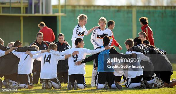 The team of Germany celebrate their victory after the U17 Euro qualifying match between Germany and Turkey on October 28, 2009 in Turnovo, Macedonia.