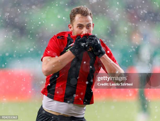 Marton Eppel of Budapest Honved celebrates his goal during the Hungarian OTP Bank Liga match between Ferencvarosi TC and Budapest Honved at Groupama...