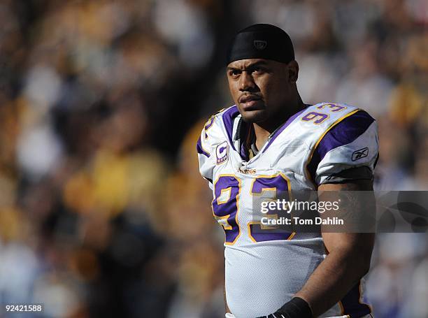 Kevin Williams of the Minnesota Vikings looks at the screboard during an NFL game against the Pittsburgh Steelers, October 25 at Heinz Field in...