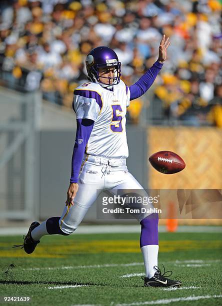 Chris Kluwe of the Minnesota Vikings punts during an NFL game against the Pittsburgh Steelers, October 25 at Heinz Field in Pittsburgh Pennsylvania.