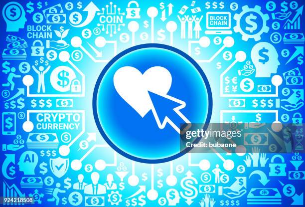 cursor and heart icon on money and cryptocurrency background - couple looking at bill stock illustrations