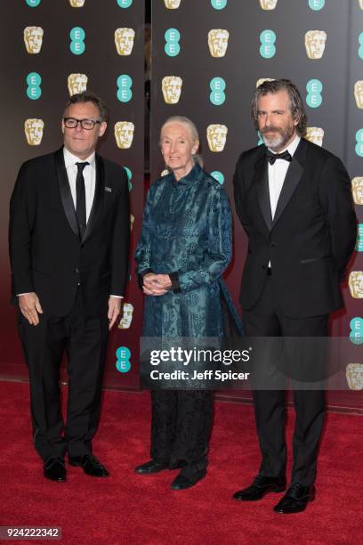 Film producer Bryan Burk, Jane Goodall and filmmaker Brett Morgen attend the EE British Academy Film Awards held at Royal Albert Hall on February 18,...