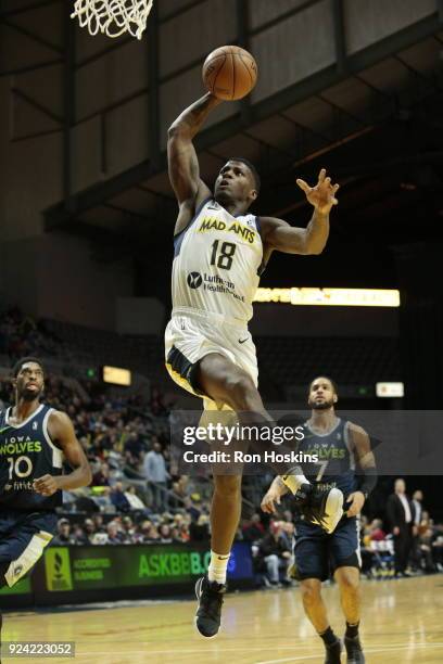 DeQuan Jones of the Fort Wayne Mad Ants jams on Melo Tremble of the Iowa Wolves on February 25, 2018 at Memorial Coliseum in Fort Wayne, Indiana....