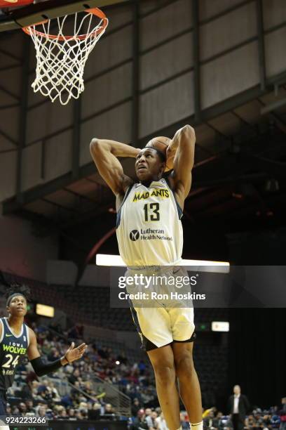 Ike Anigbogu of the Fort Wayne Mad Ants throws it down on the Iowa Wolves on February 25, 2018 at Memorial Coliseum in Fort Wayne, Indiana. NOTE TO...