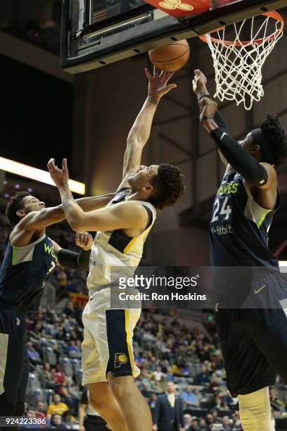 Stephen Hicks of the Fort Wayne Mad Ants scores over Justin Patton of the Iowa Wolves on February 25, 2018 at Memorial Coliseum in Fort Wayne,...
