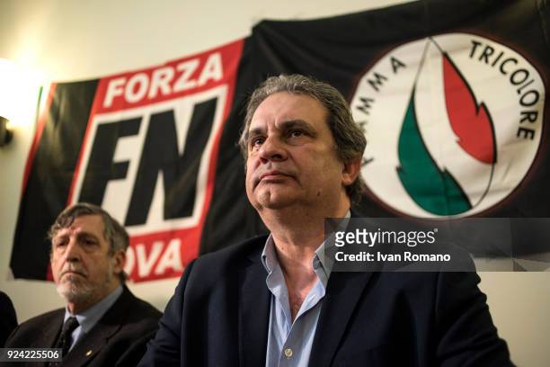 Roberto Fiore , leader of far-right party Forza Nuova and Attilio Carelli of Fiamma Tricolore party attend a rally at the Esedra Palace Hotel on...